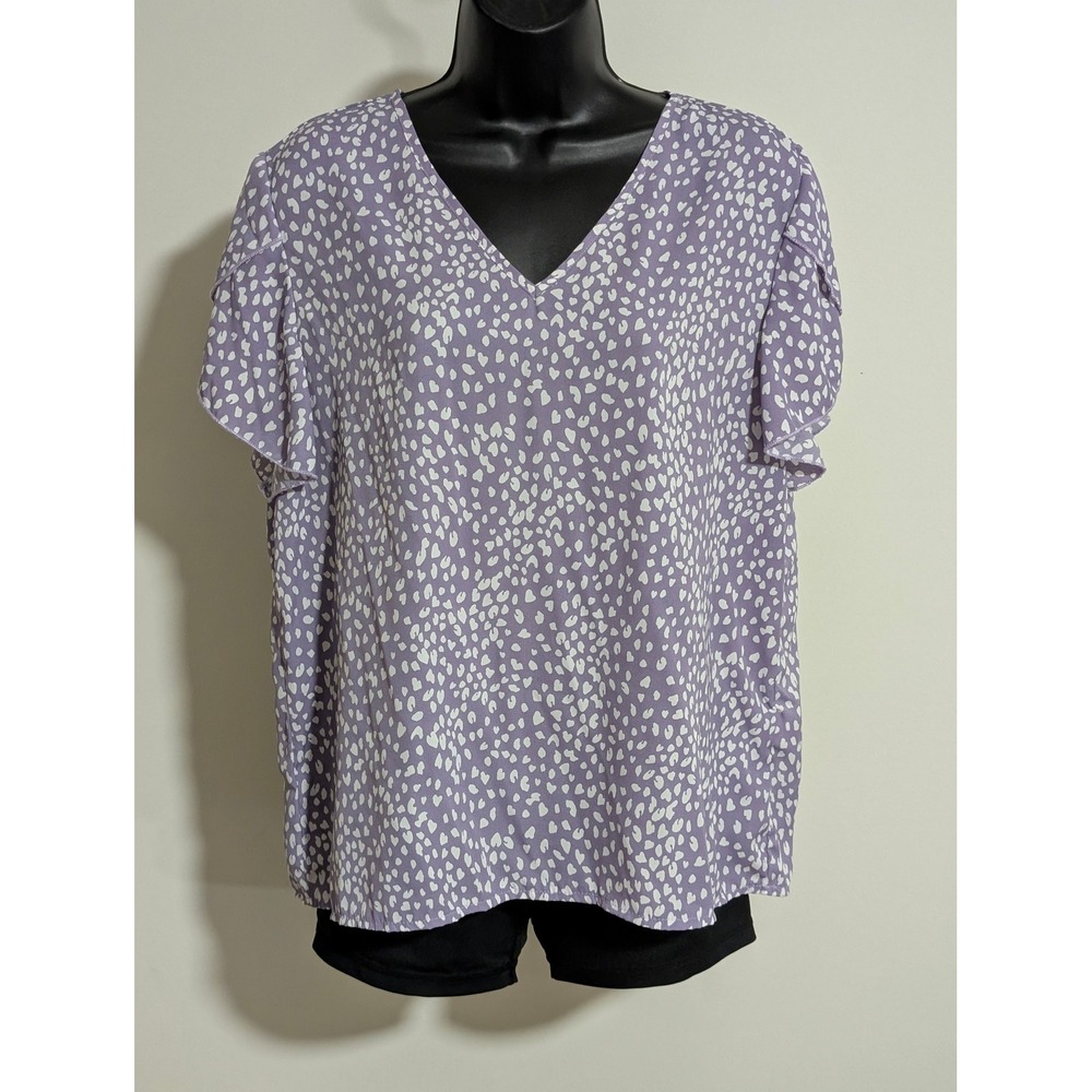 SHEIN Purple V-Neck Blouse Top White Cheetah Print Short Sleeve Womens Size XL